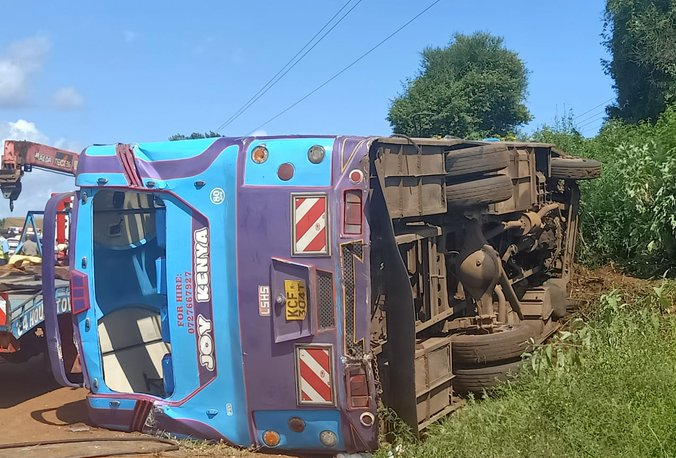 The overturned Joy Kenya-Bus at Gacharu along the Kagio-Sagana road on January 8, 2020.