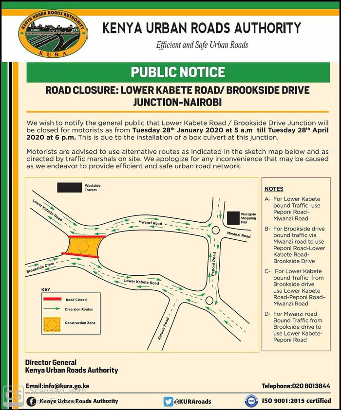 A notice issued by KURA on Wednesday, January 22, on the closure of a major junction in Nairobi
