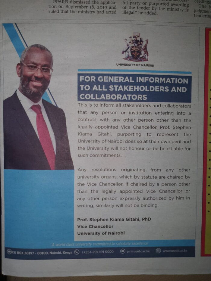 The public notice sent out by UoN Vice-Chancellor Professor Stephen Gitahi on January 19, 2020.
