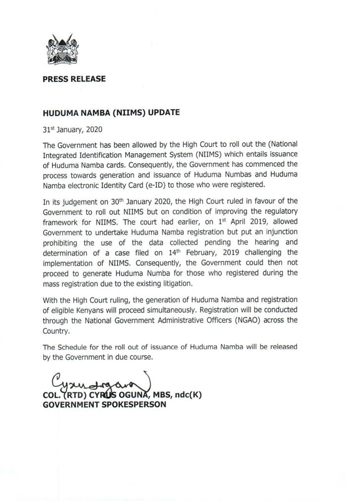 Press Release on Huduma Namba