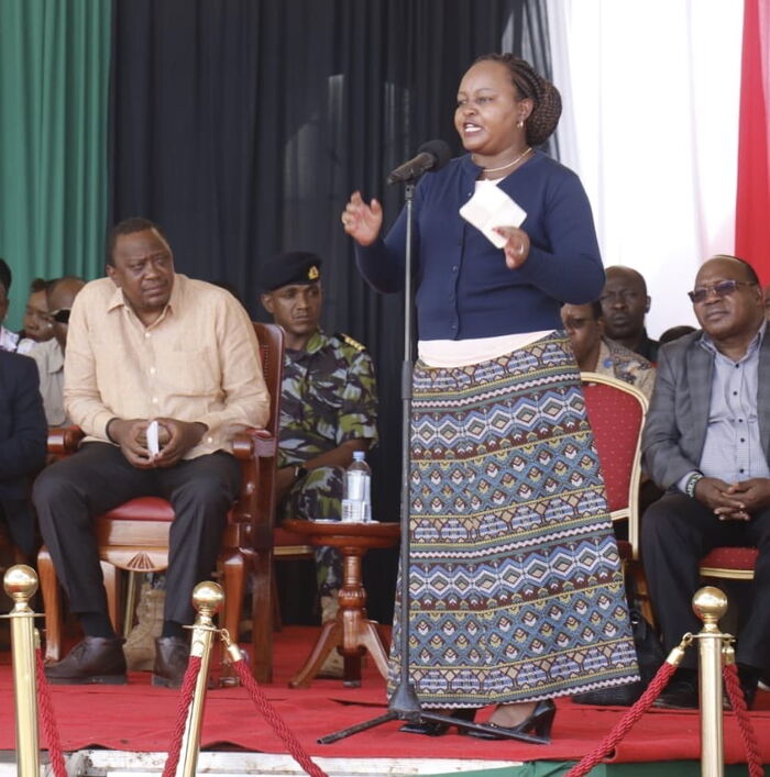 Kirinyaga Governor Anne Waiguru addresses members of the public in Mwea, Kirinyaga on Saturday, February 1, 2020.