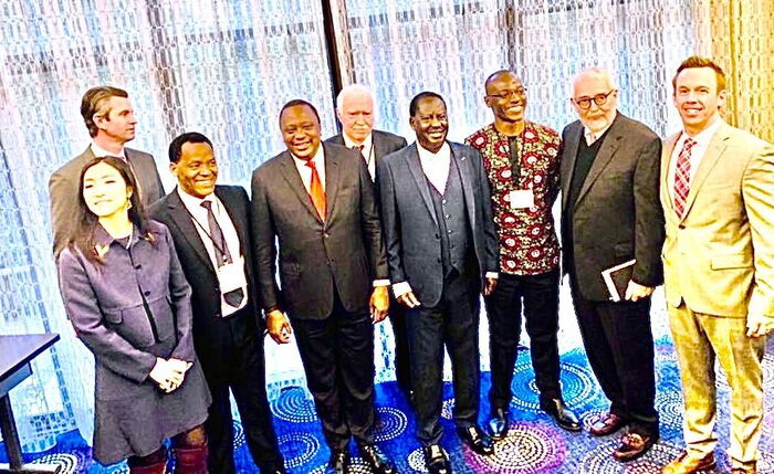 President Uhuru Kenyatta with Raila Odinga and other world leaders at the US National Prayer Breakfast meeting on February 6