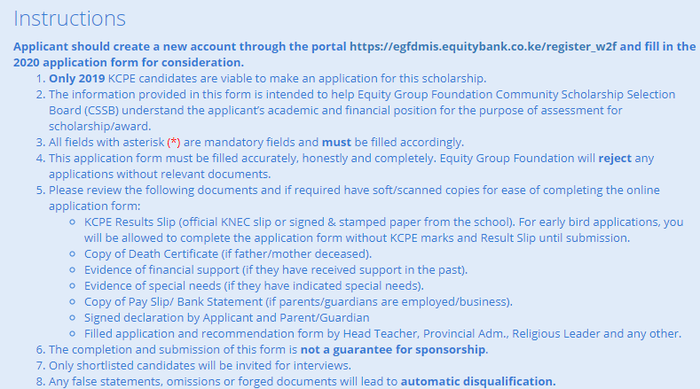 A screenshot of the Equity Bank Wings to Fly requirements form.