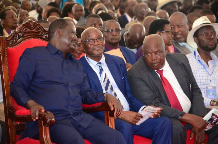 ODM Leader Raila Odinga, James Ongwae and John Nyagarama at the Kisii Sports Club on Friday, January 10, 2020.