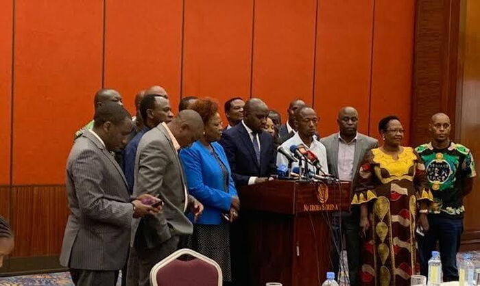 Senate Majority Leader Kipchumba Murkomen and other Jubilee leaders during a press conference on January 22, 2020.