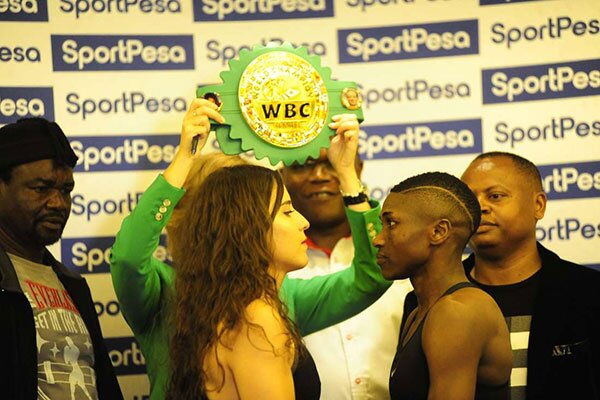 WBC Super Bantamweight boxer Fatuma Zarika (right) faces off with Mexican Yamileth “Yeimi” Mercado during their weigh-in on September 7, 2018 in Nairobi.