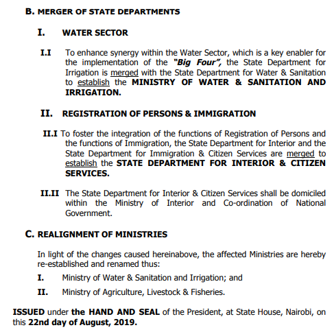 A screenshot of President Uhuru Kenyatta's Executive Order dated August 22, 2019