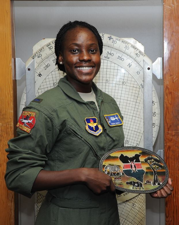 First Lt. Fiona Akoth, 14th Student Squadron Student Pilot, holds a ceramic Kenyan decoration June 16, 2017, at Columbus Air Force Base, Mississippi.