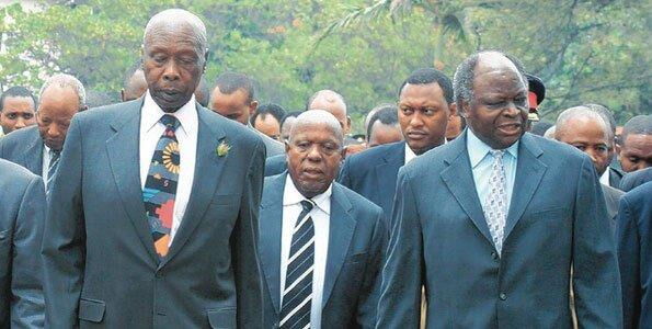 Former President Daniel arap Moi, the late politician Njenga Karume and former President Mwai Kibaki arrive at a past function. His family has been embroiled in a fiery battle over his vast empire