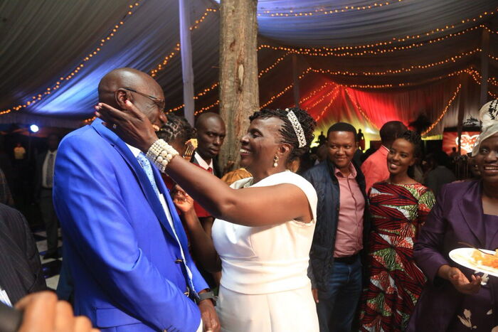 Fred Obachi Machoka and his Wife Sophie enjoy a special moment during their 40th anniversary with Machakos Governor Alfred Mutua and his wife Lillyanne in the background, December 7, 2019.