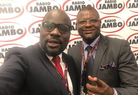 Gidi Gidi (left) poses with fellow Radio Jambo presenter Jacob 'Ghost' Mulee at Radio Jambo studios in Nairobi in March 2018