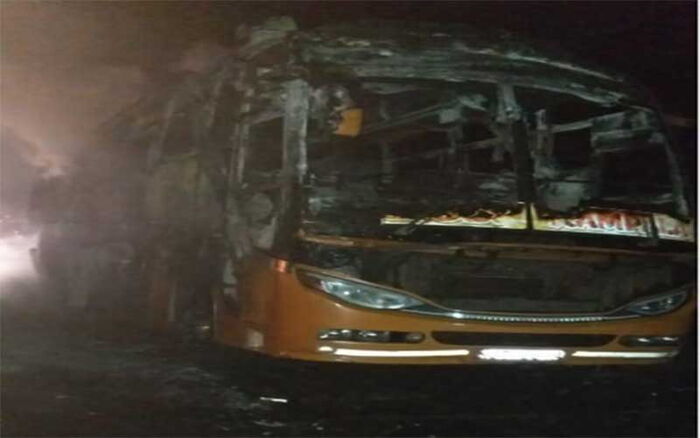 The shell of the Greenline Services bus that caught fire in Gilgil on Friday, January 3.