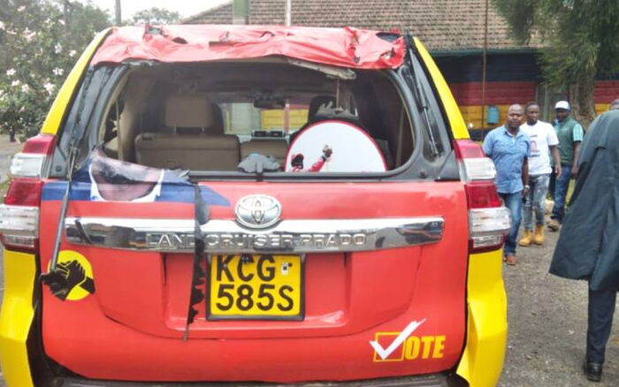 Mariga's campaign car which was attacked by rowdy youth