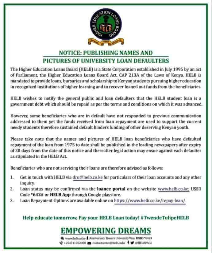 HELB's notice to defaulters on November 13, 2019.