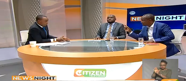 Hussein Mohamed (Left), Kipchumba Murkomen (Center) and John Mbadi during a highly-charged episode of News Night on Citizen TV on July 16, 2019