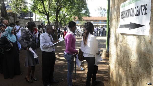 Kenyans cue to register as voters for the March 2013 general elections. The elections ushered in the new constitution on the devolution of government.