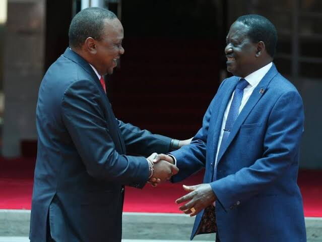 President Uhuru Kenyatta and ODM leader Raila Odinga shake hands outside the statehouse on March 9, 2018. The handshake brought an end to the chaos that followed the 2017 general elections.