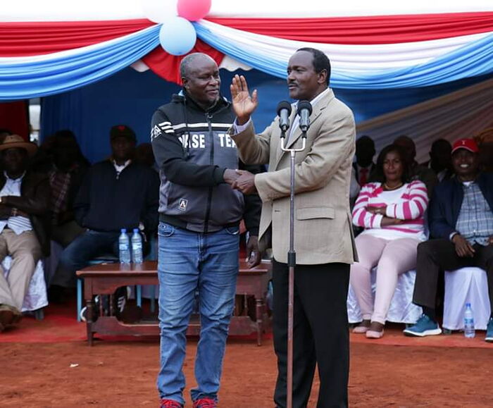 Wiper party leader Kalonzo Musyoka with Kalembe Ndile at Mbuuni on June 14, 2019.