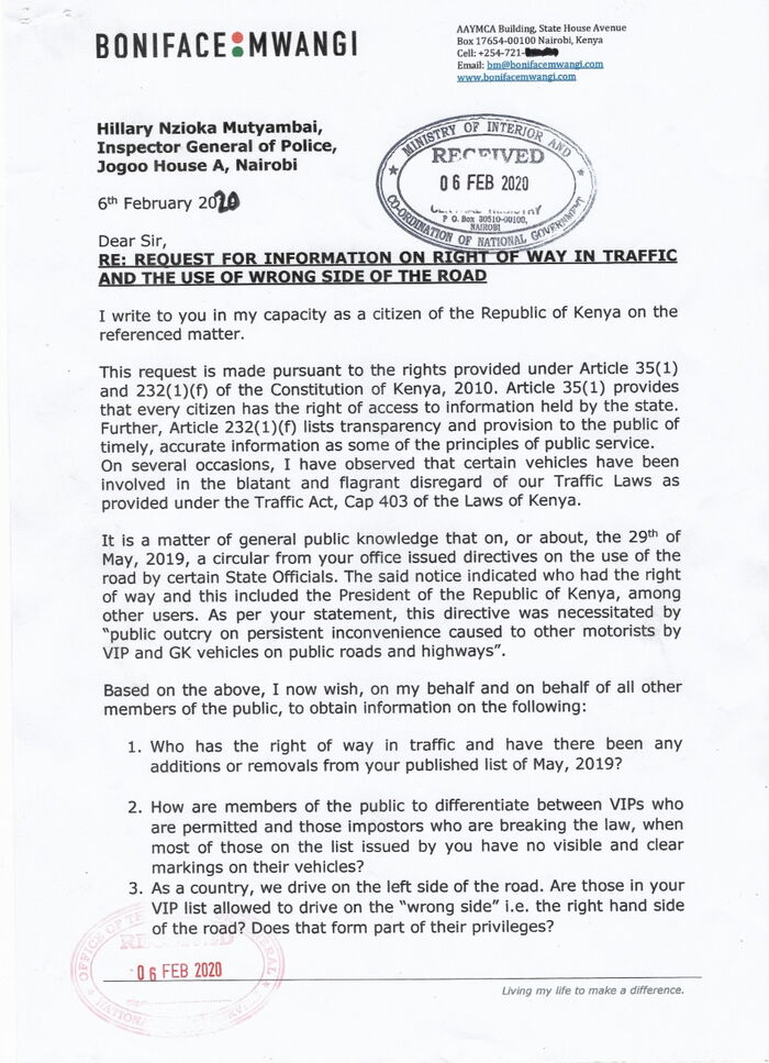 Letter by Boniface Mwangi to IG Hilary Mutyambai