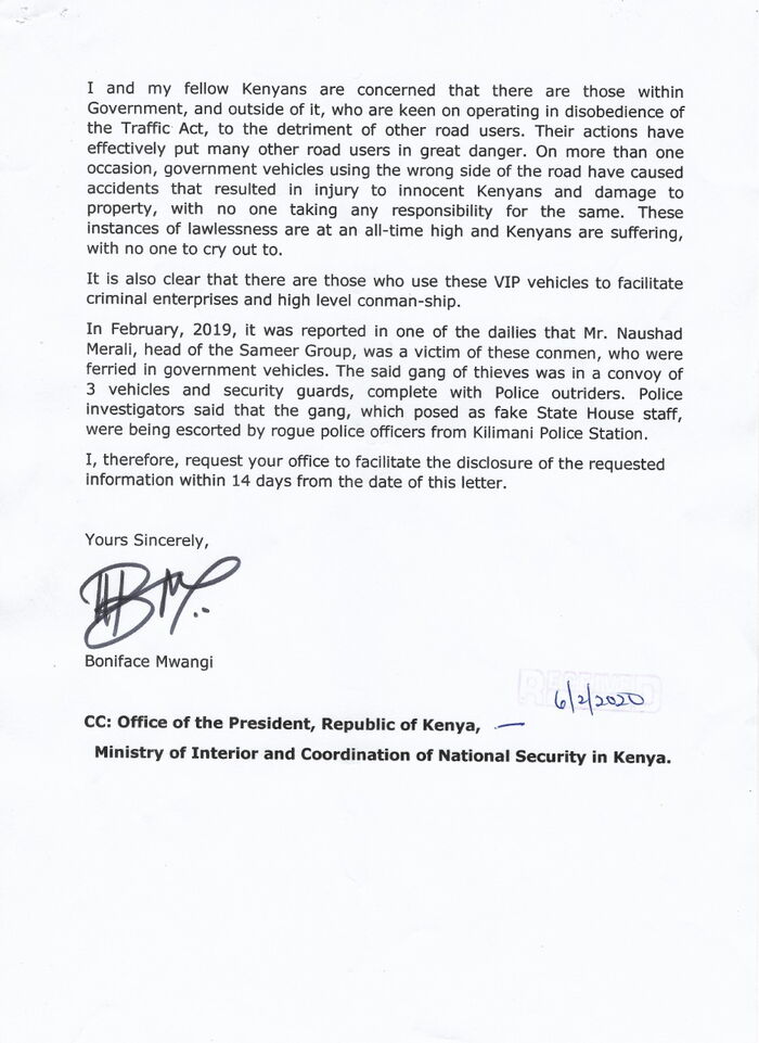 Letter by Boniface Mwangi to IG Hilary Mutyambai