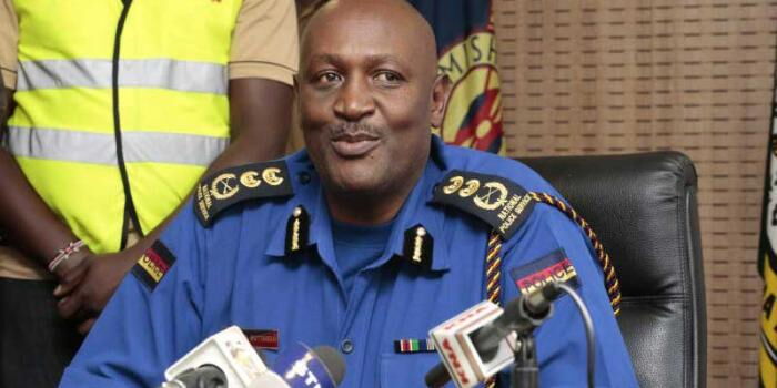 Inspector General Hillary Mutyambai addresses the media. He recently ordered for the transfer an entire traffic department
