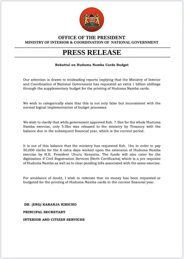 The statement by PS Karanja Kibicho on Thursday, November 22, 2019.