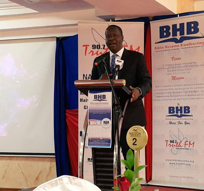 Interior Cabinet Secretary Fred Matiangi during the relaunch of Bibilia Husema Broadcasting & Truth FM 96.7 back on June 18, 2020.