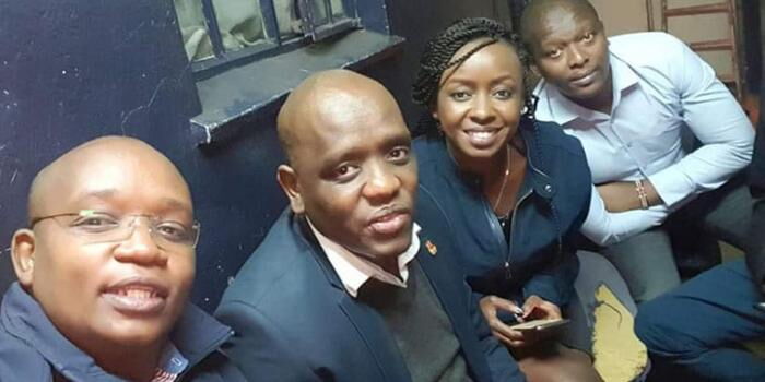 Dennis Itumbi with Jacque Maribe and their friends at the Muthaiga Police station on Wednesday, July 3, 2019. Maribe was feted with an HSC award in 2018