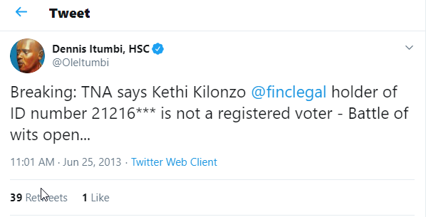 Dennis Itumbi's post on Kethi Kilonzo in 2013. His defence of Mariga after he was barred from contesting backfired on him