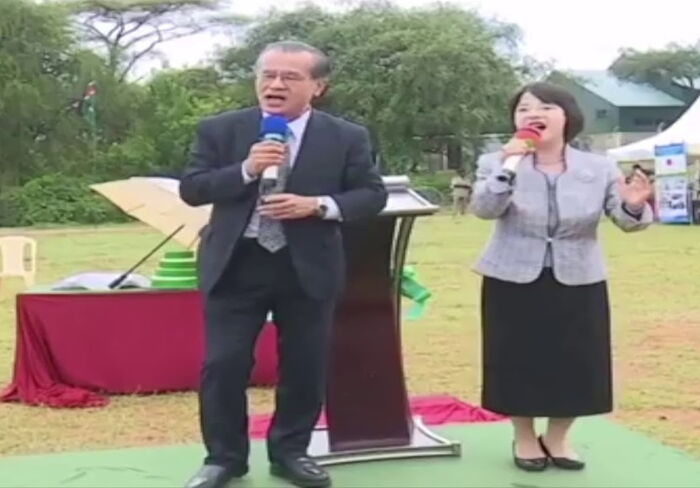 Japanese Envoy to Kenya Ryoichi Hiroe and his wife perform malaika at AIC Cheptebo in Elgeyo Marakwet on February 15.