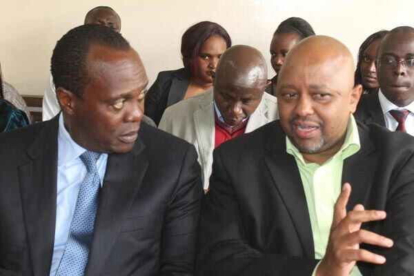 Jeff Koinange (left) and businessman Tony Gachoka in a Nairobi court on June 5, 2015 where they were handed fines of Sh2 million each for contempt of court.