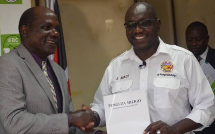 Thirdway Alliance leader Ekuru Aukot when he delivered the 1.4 million signatures to IEBC Chairman Wafula Chebukati. IEBC has said that the Bill is headed to County Assemblies for debate. 