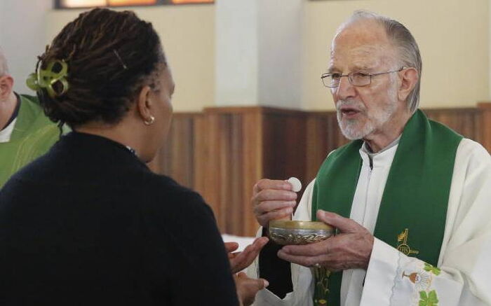 ev. Mario Lacchin presides over a Mass at the Restoration Centre Catholic Church, Nairobi, Kenya Sunday, June 30, 2019. Sabina Losirkale's family has accused the Italian missionary of impregnating her when she was 16. Lacchin has denied the claim and refused a paternity test.