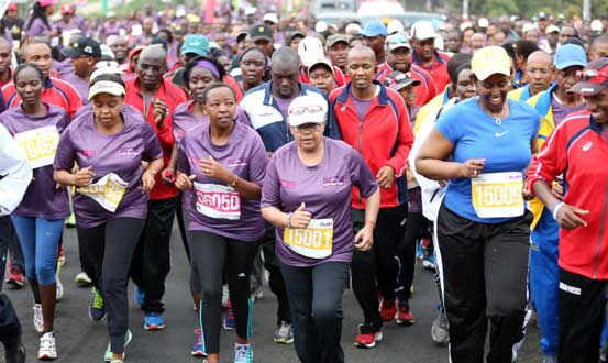 First Lady Margaret Kenyatta(15001) is joined by her Rwanda Counterpart Jeannette Kagame(R) and the second lady Rachael Ruto(06050) Participate during the Beyond Zero Half marathon along Mombasa road on Sunday, March 6 2016