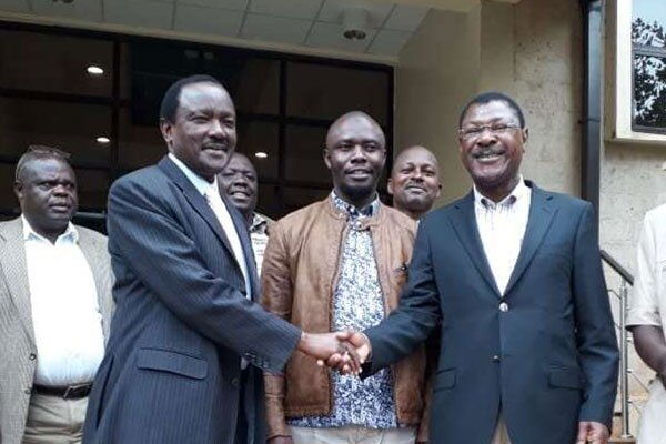 Wiper party leader Kalonzo Musyoka (left) and Ford-Kenya's Moses Wetang'ula meet at the former's office in Nairobi on September 27, 2019 to discuss how they will campaign for Ford-Kenya's candidate in the Kibra by-election.