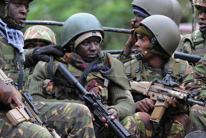 KDF soldiers braving the cold during an excursion in Somalia.