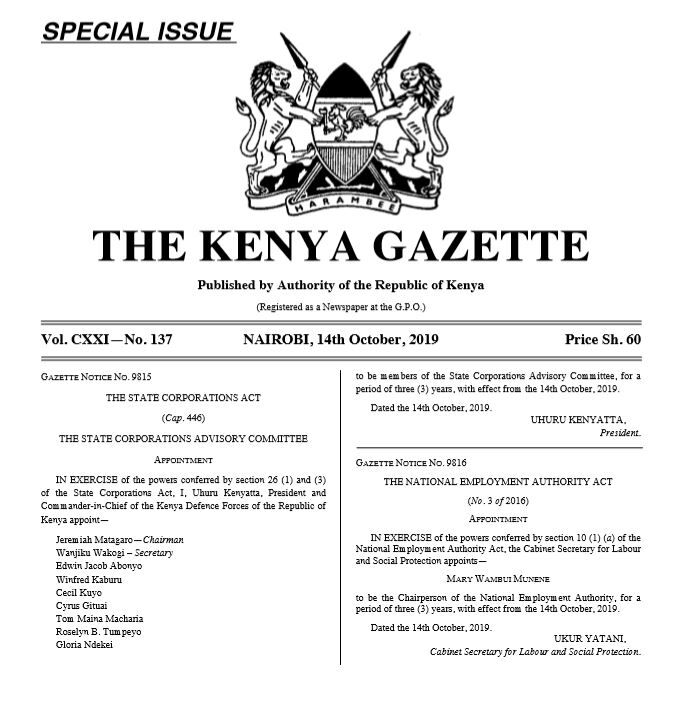 The Kenya Gazette notice with the new appointees.