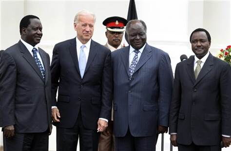 ODM leader Raila Odinga, US Presidential Candidate Joe Biden, Retired President Mwai Kibaki and Wiper leader Kalonzo Musyoka at State House Nairobi
