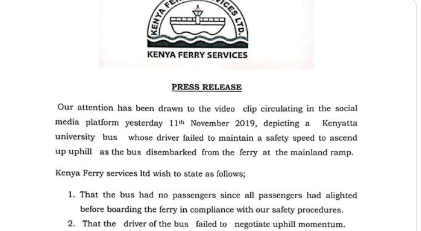 A section of the press release by Kenya Ferry Services on Tuesday, November 12.