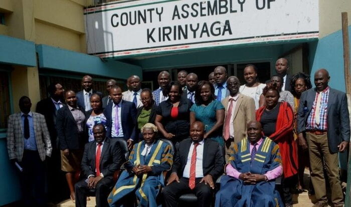 Members of Kirinyaga County Assembly. They MCAs reported Governor Anne Waiguru to President Uhuru Kenyatta over a title deed she is holding.