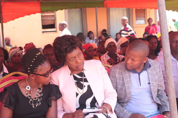 Kitui Governor Charity Kaluki Ngilu (centre) on September 28, 2019 condoles with the wife the late Jonathan Nyamai Ngovi who was killed by suspected Somali bandits in Kalambani, Mutomo. Mrs Ngilu and other leaders denied that the ongoing clashes along the border with Tana River are politically instigated.