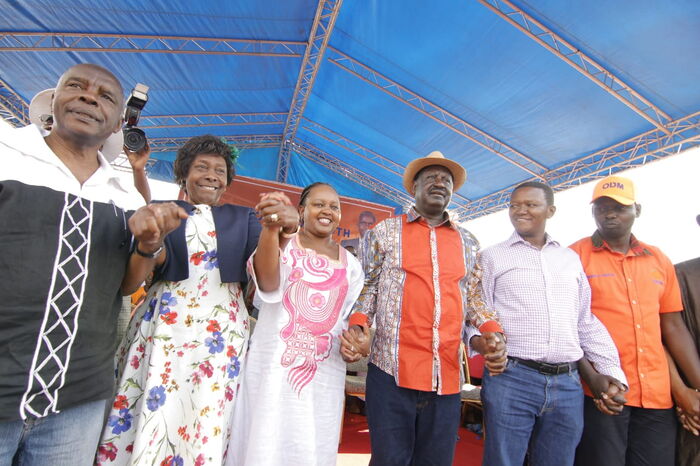 Governors Charity Ngilu (Kitui), Kivutha Kibwana (Makueni), Anne Waiguru (Kirinyaga) join ODM leader Raila Odinga in campaigning for Imran Okoth on Sunday, November 3, 2019