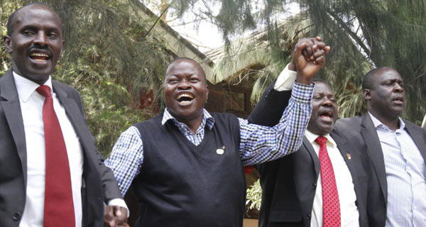 From left: Secretary Generals Wilson Sossion (Knut), Akello Misori (Kuppet), Mudzo Nzili (Knut) and Omboko Milemba (Kuppet) on January 12, 2015.