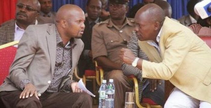 Former Kiambu Governor William Kabogo chats with Gatundu South MP Moses Kuria