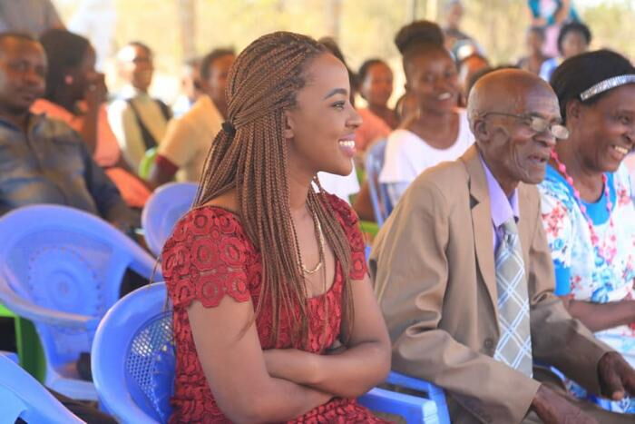 Lilian Ng'ang'a smiles during her in-laws' wedding. The Machakos County first couple were the stars of the show