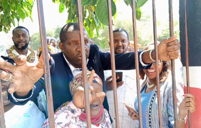 Nakuru Town East MP David Gikaria and Senator Susan Kihika outside the Regional Commissioners' Grounds in Nakuru on Tuesday, January 14
