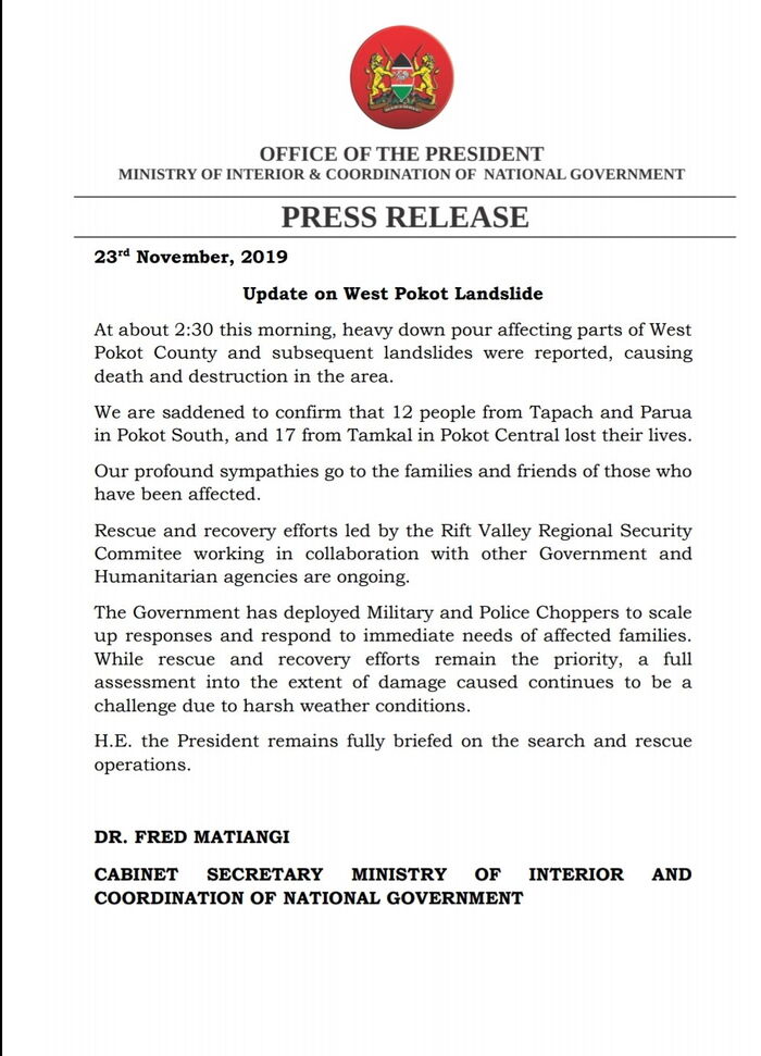 The statement from the Interior CS Fred Matiang'i on Saturday, November 23.