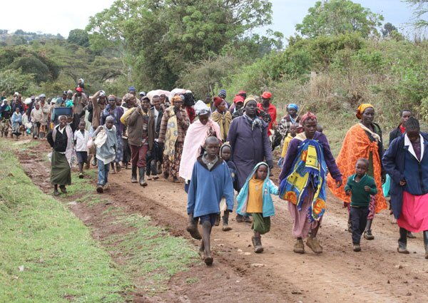 A photo of families strolling from Mau forest after being evicted. 