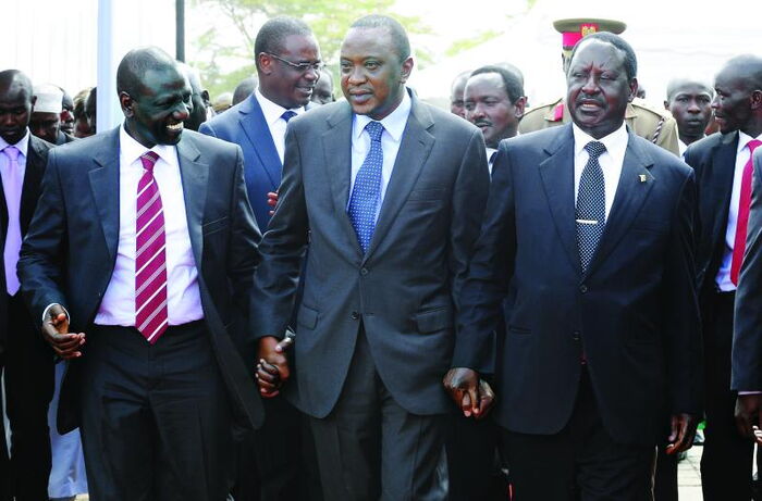 Kenyatta, Odinga and Ruto in a past event. Odinga and Ruto are in a supremacy battle to win Mt Kenya