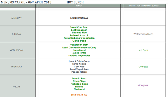An extract of the International School of Kenya cafeteria menu